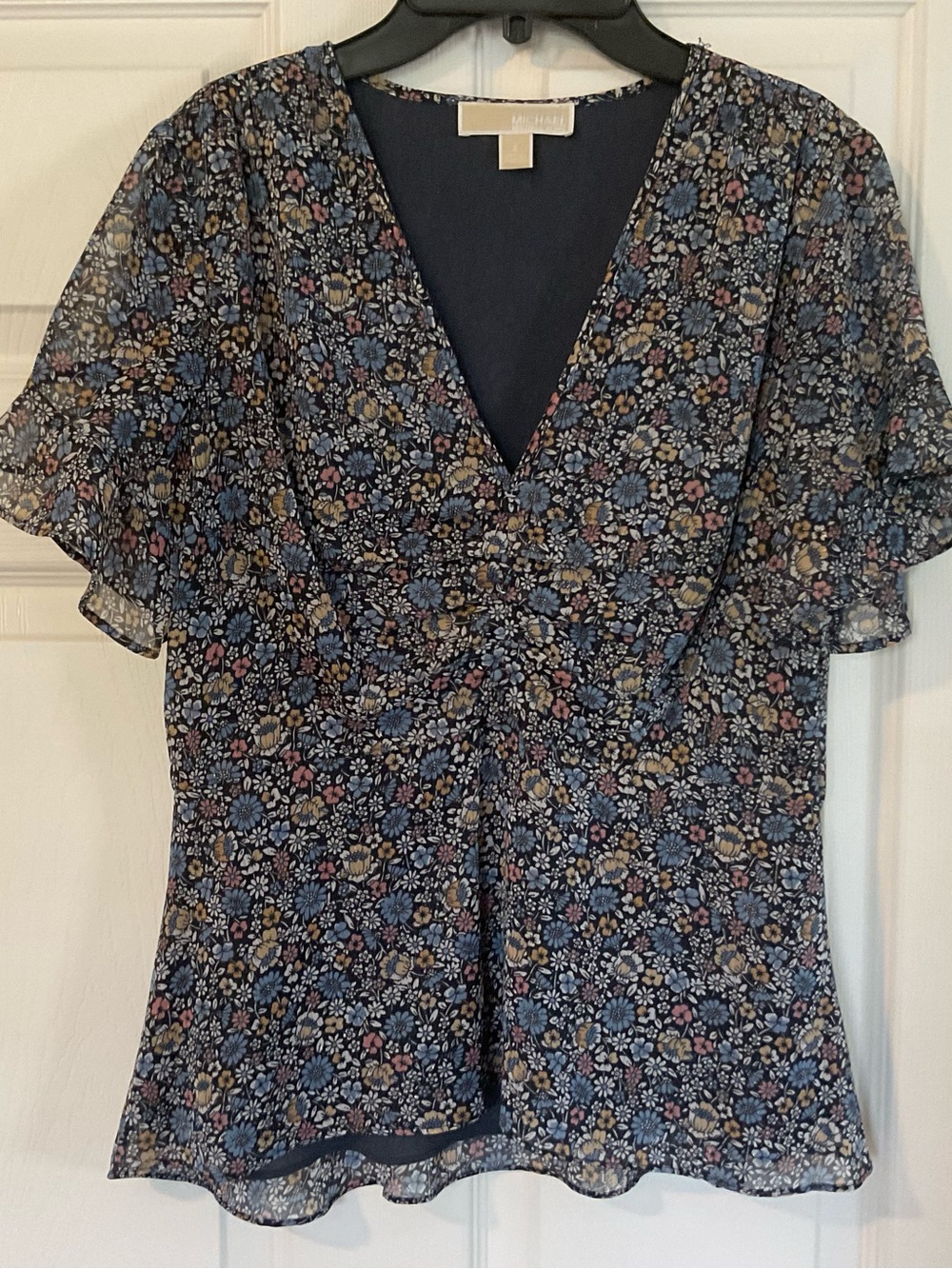 Michael Kors Navy Floral V-Neck Flutter Sleeve Top